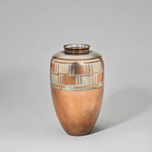 Luc Lanel for Christofle Dinanderie vase, circa 1929: Luc Lanel for ChristofleDinanderie vase, circa 1929Mixed metal with geometric design.22.2 cm highProduced by Christofle et Cie, Paris, France. Underside impressed