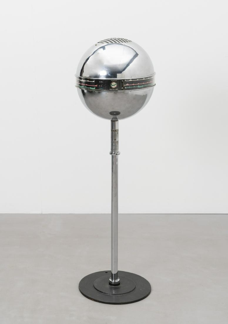 Mechal Rabinowicz for Emor Globe radio, model no. 200, circa 1947: Mechal Rabinowicz for Emor Globe radio, model no. 200, circa 1947 Chromium-plated metal, painted steel. 107 cm high, 32 cm diameter Manufactured by Emor Radio Company Ltd., London, England. Footnotes: