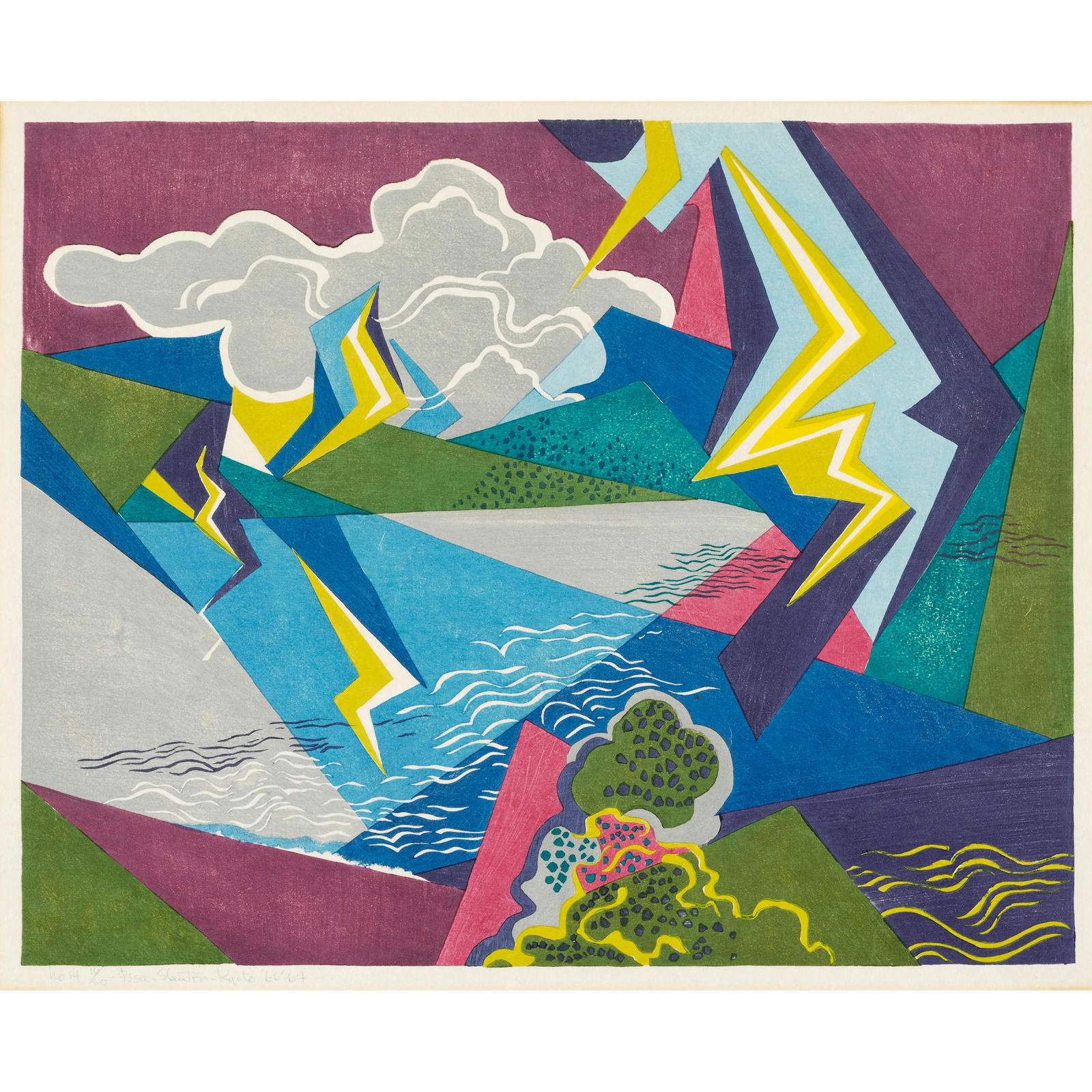 Stanton Macdonald-Wright (1890-1973); Untitled (No.14);: Stanton Macdonald-Wright (1890-1973) Untitled (No.14), 1966-1967 Woodcut in colors on japon paper, signed in ink, dated and numbered 16/60, with full margins, framed. 15 15/16 x 20in (40.5 x 50.8cm) s