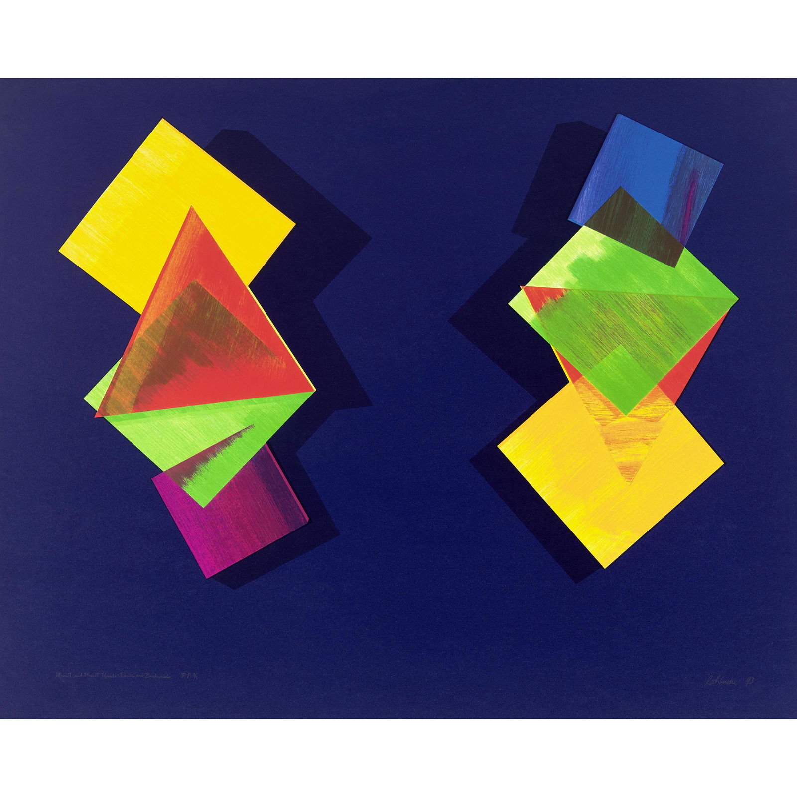 Dorothea Rockburne (born 1932); Mozart and Mozart Upside Down and Backwards (Lincoln Center Edit...: Dorothea Rockburne (born 1932) Mozart and Mozart Upside Down and Backwards (Lincoln Center Edition), 1993 Screenprint in colors on wove paper, signed in pencil, titled, dated and numbered 'P.P. 9/9' (