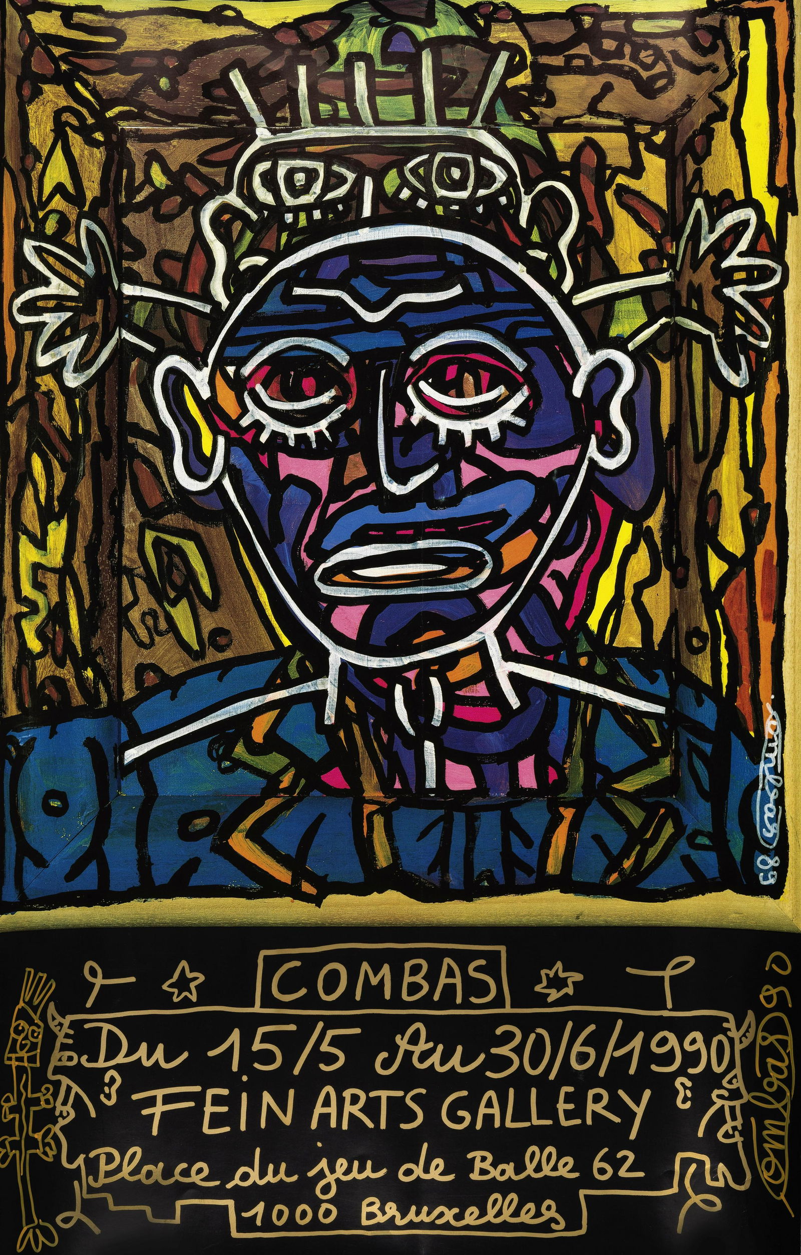 Robert COMBAS (Né en 1957) SANS TITRE, 1990 Offset en couleurs sur papier glacé Affic...: Robert COMBAS (Né en 1957) SANS TITRE, 1990 Offset en couleurs sur papier glacé Affiche d'exposition Place du jeu de balle à Bruxelles à la Fein Arts Gallery Signée, daté