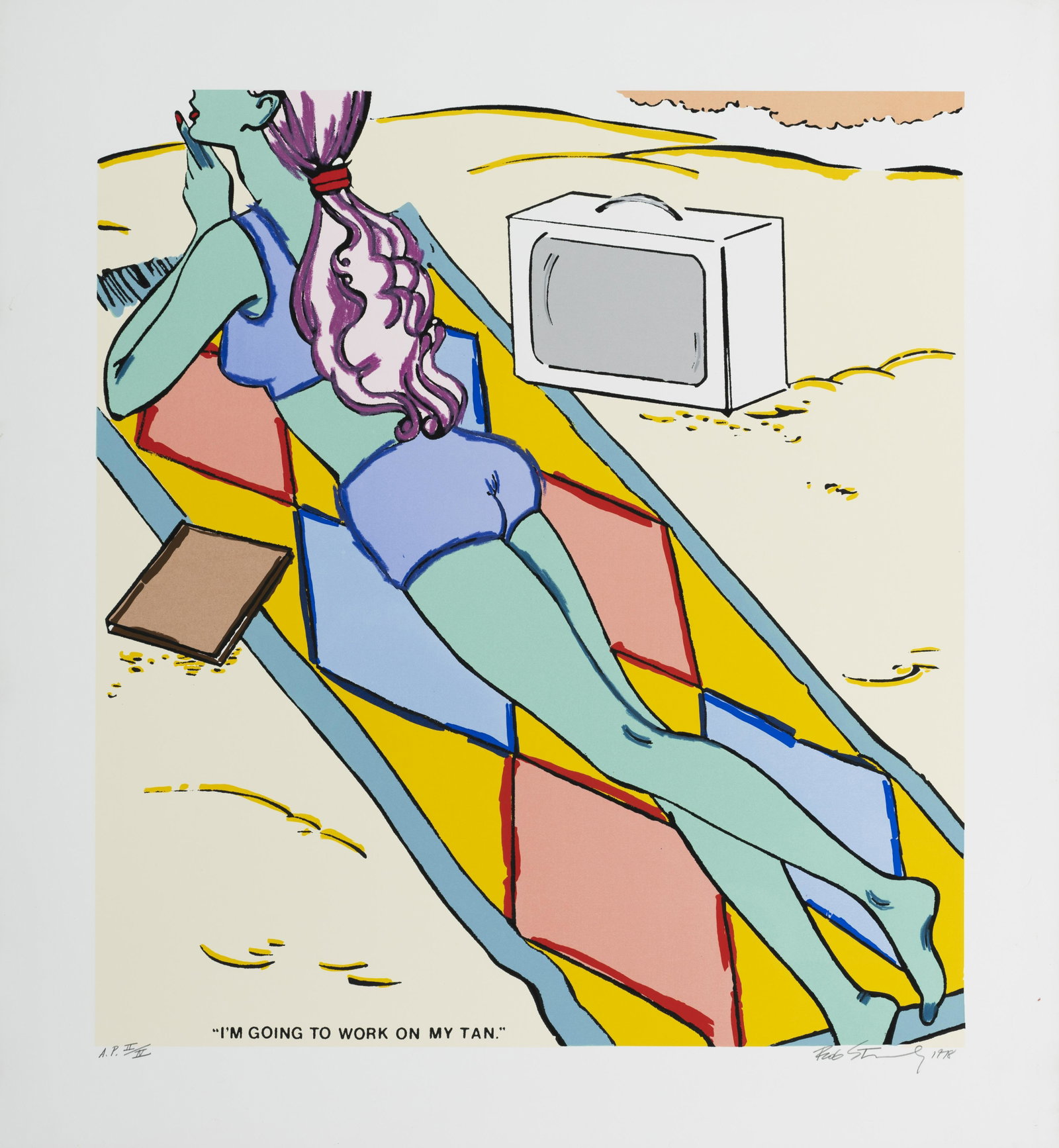Robert STANLEY (1932-1997) I'M GOING TO WORK ON MY TAN, 1978 Sérigraphie en couleurs Epreuv...: Robert STANLEY (1932-1997) I'M GOING TO WORK ON MY TAN, 1978 Sérigraphie en couleurs Epreuve d'artiste signée, datée et numérotée 'AP II/IV' 99 x 90,5 cm Footnotes: Provenance