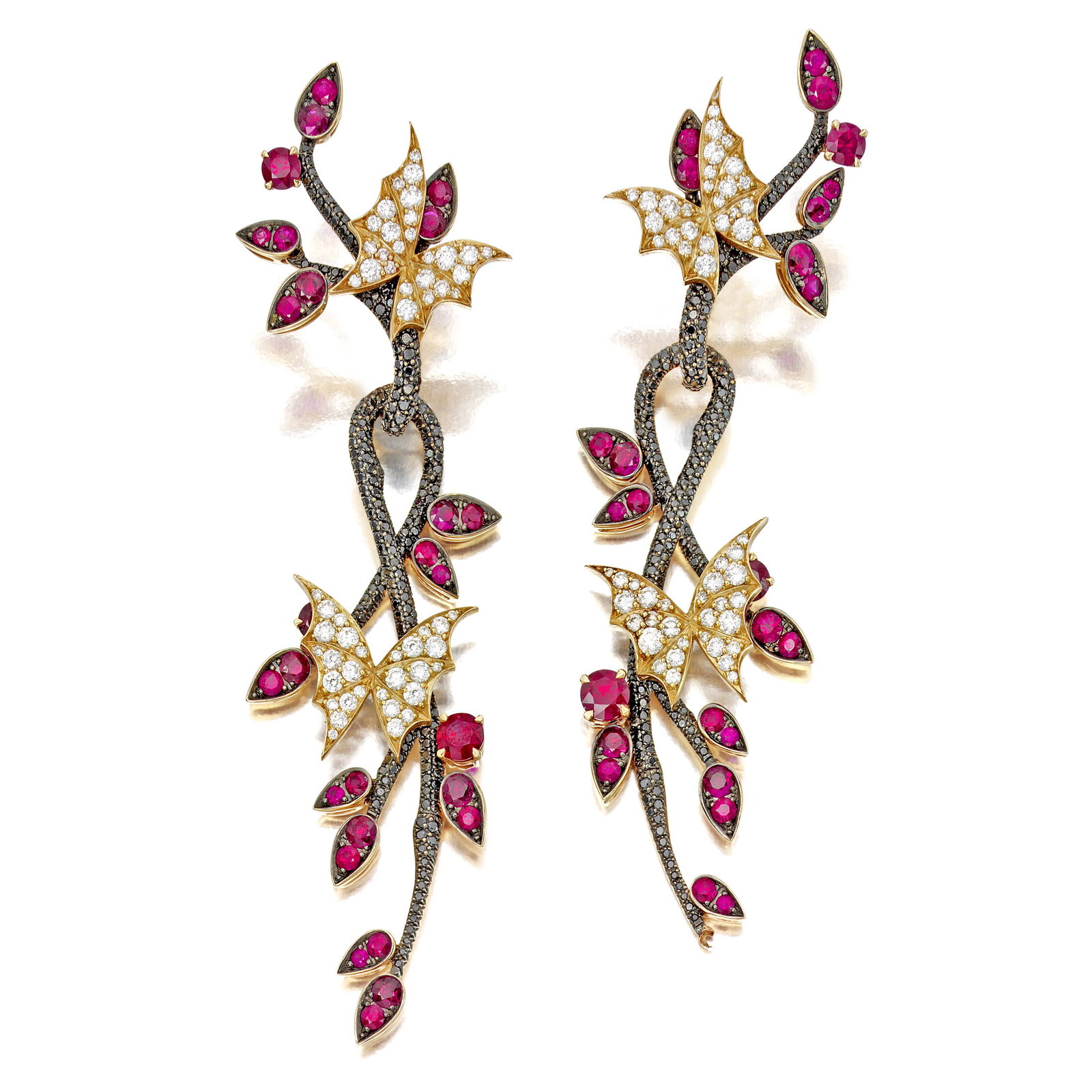 STEPHEN WEBSTER: A PAIR OF DIAMOND AND RUBY 'FLY BY NIGHT FOREST' EARRINGS: STEPHEN WEBSTER: A PAIR OF DIAMOND AND RUBY 'FLY BY NIGHT FOREST' EARRINGS Each detachable pendant designed as a pavé-set black diamond branch with circular-cut ruby leaves, enhanced by pavé