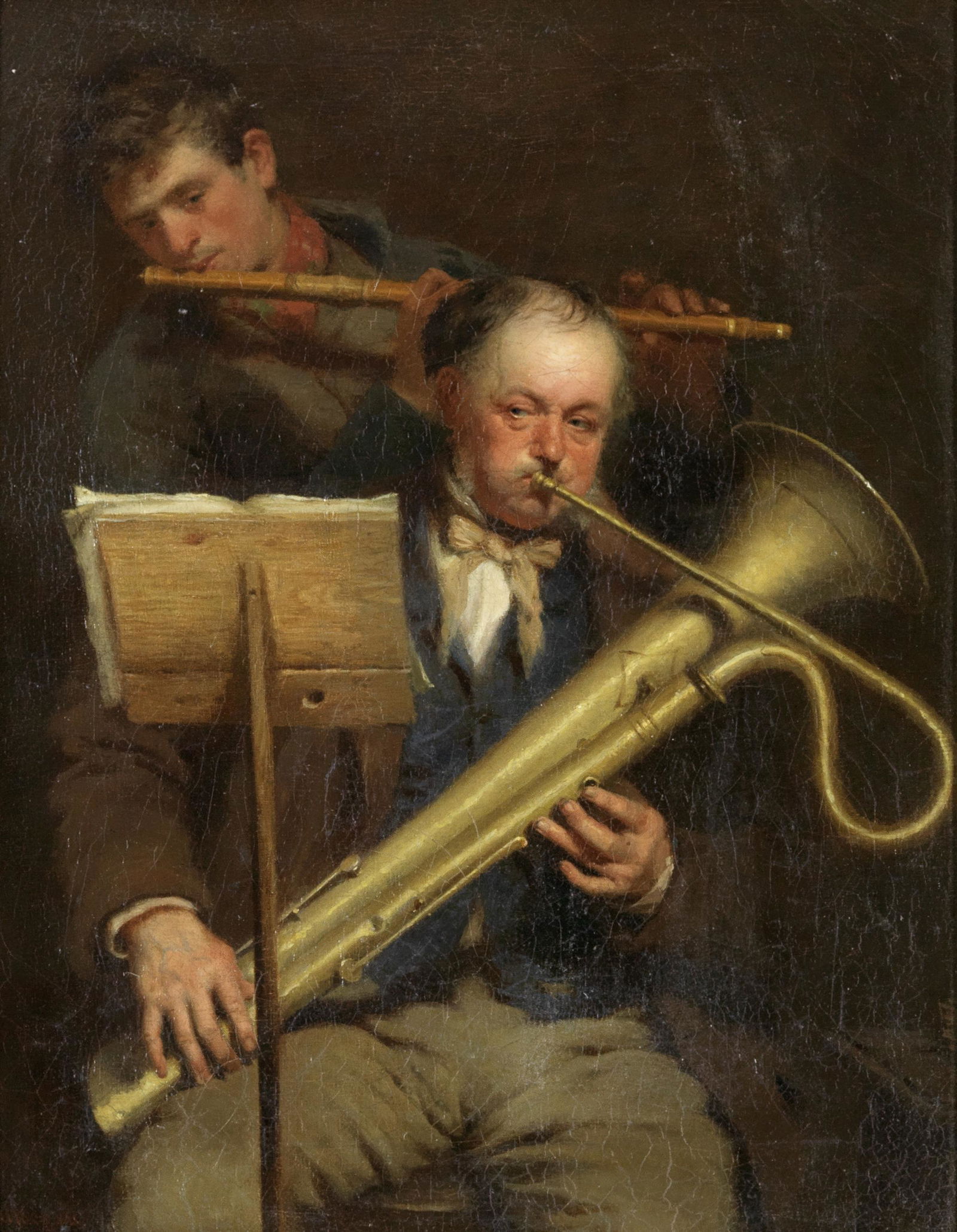 John Morgan, RBA (British, 1823-1886) 'Music hath charms': John Morgan, RBA (British, 1823-1886) 'Music hath charms' signed 'J Morgan' (lower left); further incised with signature and title (on the reverse) oil on canvas 35.5 x 28.3cm (14 x 11 1/8in).