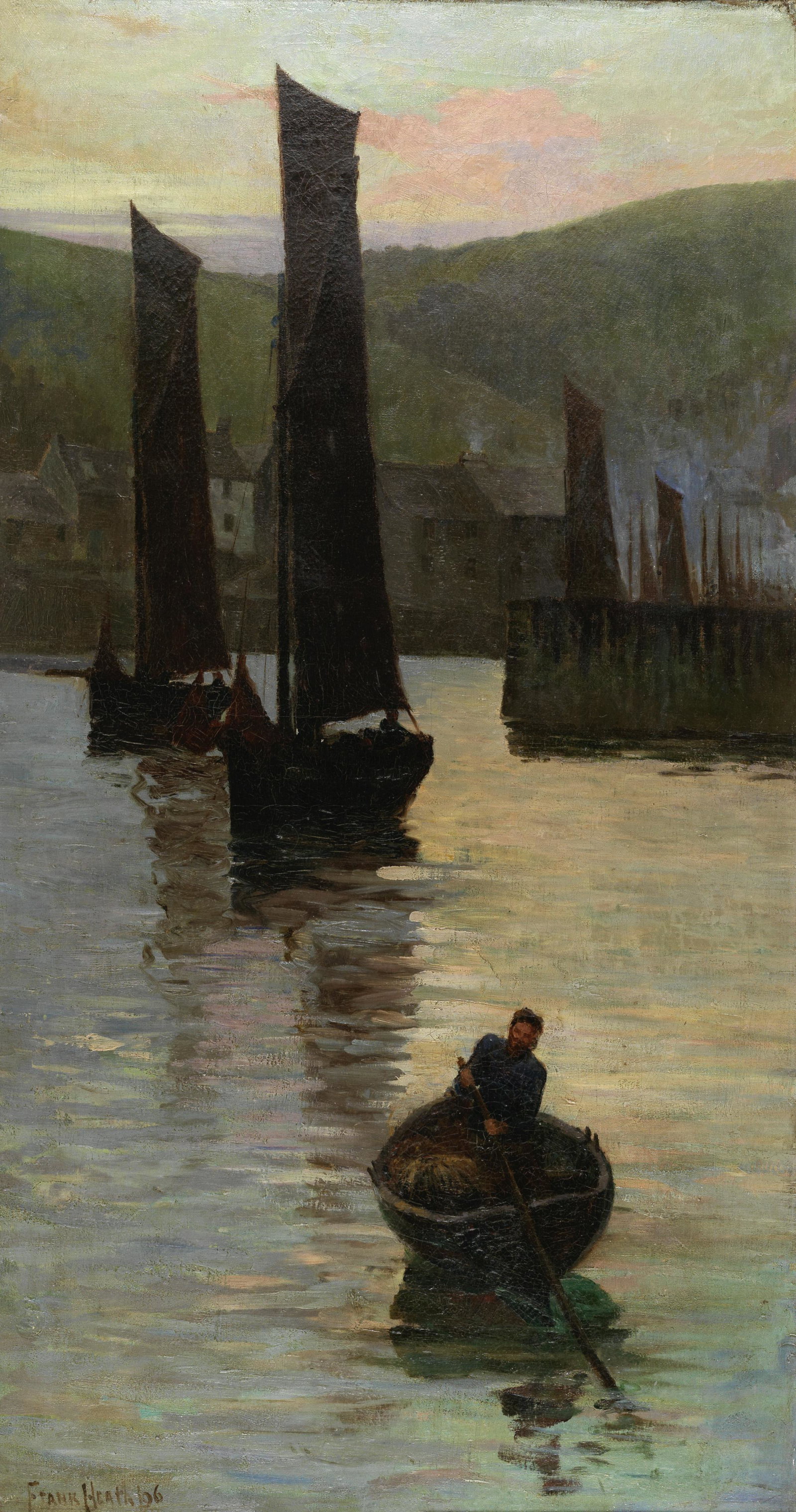 Frank Gascoigne Heath (British, 1873-1931) Sculling across the harbour: Frank Gascoigne Heath (British, 1873-1931) Sculling across the harbour signed and dated 'Frank Heath 96' (lower left) oil on canvas 104.8 x 56.5cm (41 1/4 x 22 1/4in). Footnotes: Provena