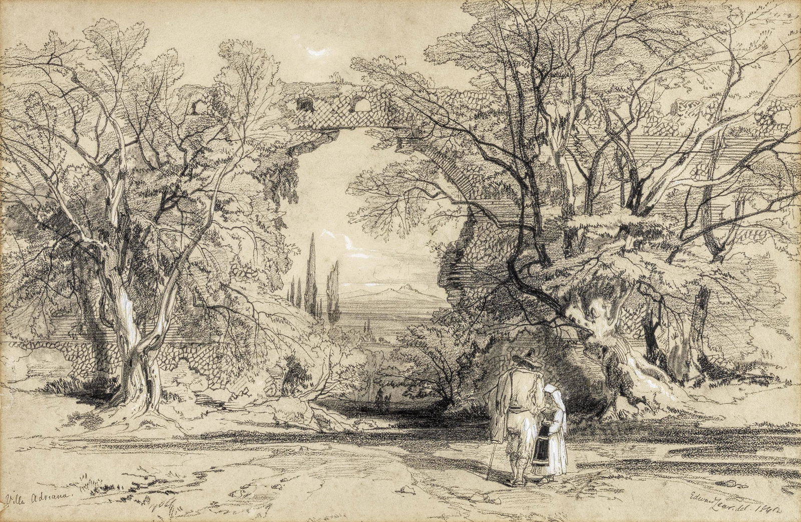 Edward Lear (British, 1812-1888) 'Villa Adriana' (Hadrian's Villa): Edward Lear (British, 1812-1888) 'Villa Adriana' (Hadrian's Villa) signed and dated 'Edward Lear del 1842' (lower right), titled (lower left) pencil and black chalk heightened with white 24.1 x 36.9cm