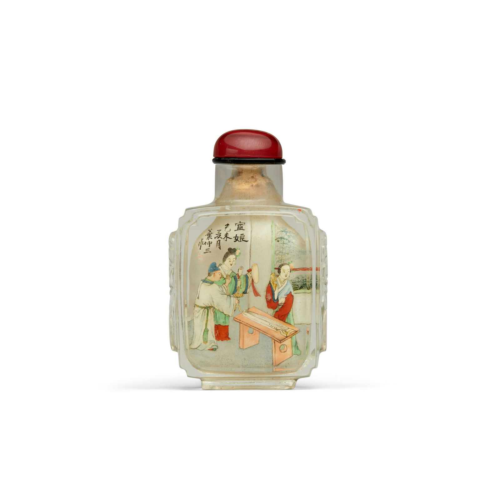 AN INSIDE-PAINTED ROCK CRYSTAL 'LADIES' SNUFF BOTTLE, SIGNED YE ZHONGSAN 1919: AN INSIDE-PAINTED ROCK CRYSTAL 'LADIES' SNUFF BOTTLE, SIGNED YE ZHONGSAN 1919 Of rectangular section, one broad side painted with an indoor scene of a woman preparing to play the qin as another strike