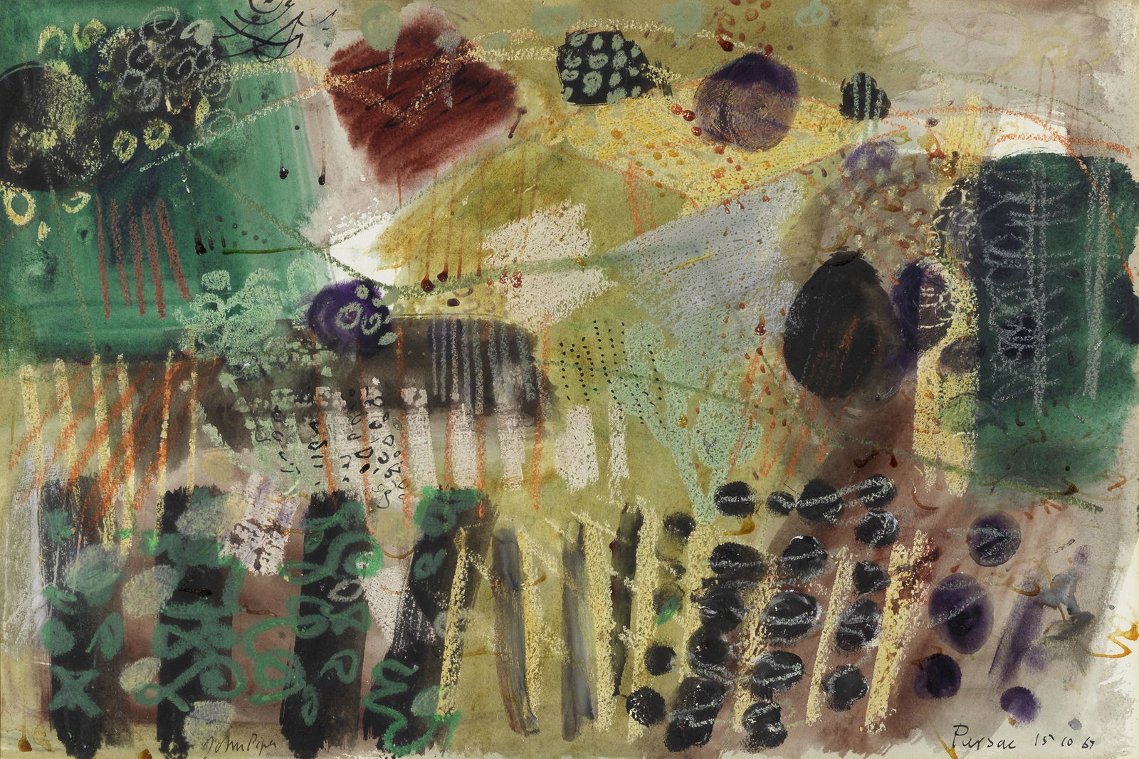 John Piper C.H. (British, 1903-1992) Parsac, Nr St Emilion III: John Piper C.H. (British, 1903-1992) Parsac, Nr St Emilion III signed 'John Piper' (lower left), inscribed and dated 'Parsac 15 10 67' (lower right) watercolour, ink, pastel and pen and ink on paper 3