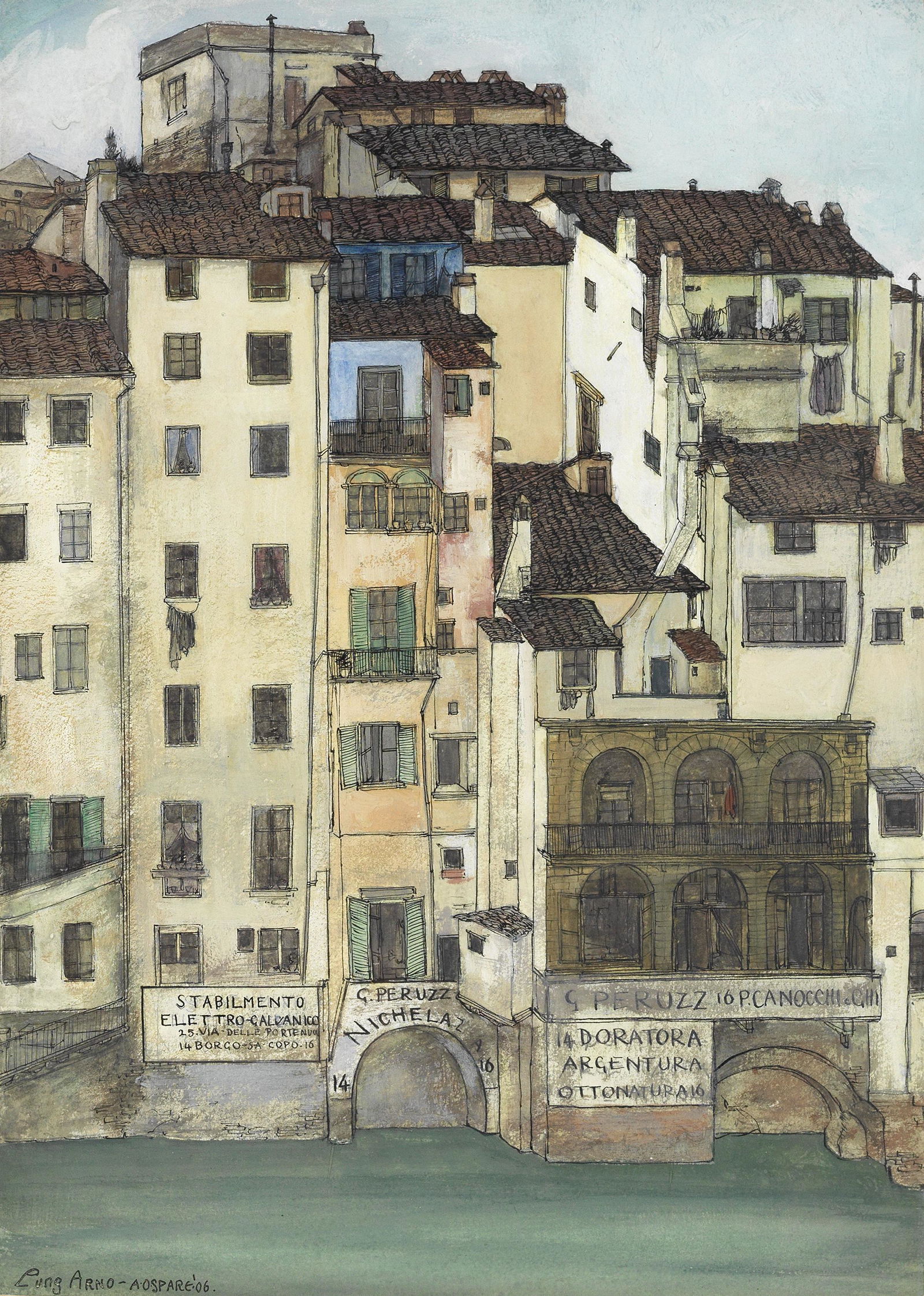 Austin Osman Spare (British, 1886-1956) Houses by the Arno: Austin Osman Spare (British, 1886-1956) Houses by the Arno signed with initials, dated and inscribed 'Lung ARNO - A.O.SPARE.'06.' (lower left) watercolour, gouache and pen and ink on paper 38 x 27cm (