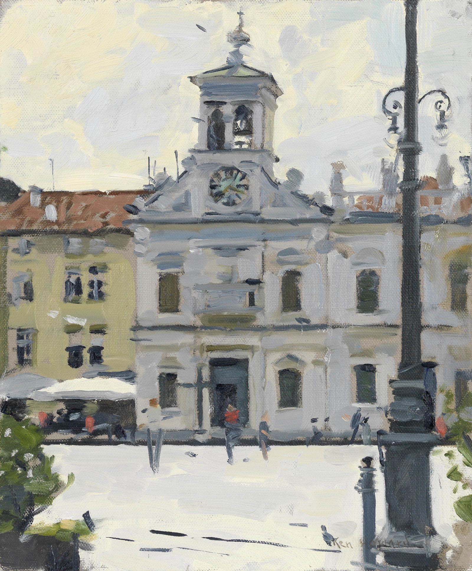 Ken Howard R.A. (British, 1932-2022) Piazza San Giacomo, Udine (unframed): Ken Howard R.A. (British, 1932-2022) Piazza San Giacomo, Udine signed 'Ken Howard' (lower right) oil on canvasboard 30.5 x 25.5cm (12 x 10 1/16in). (unframed) This lot is subject to the following l