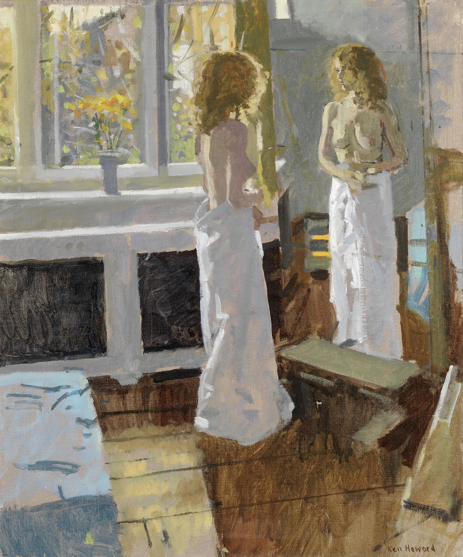 Ken Howard R.A. (British, 1932-2022) Reflection: Ken Howard R.A. (British, 1932-2022) Reflection signed 'Ken Howard' (lower right) oil on canvas 61 x 51cm (24 x 20 1/16in). Footnotes: Provenance With Manya Igel Fine Art, London,