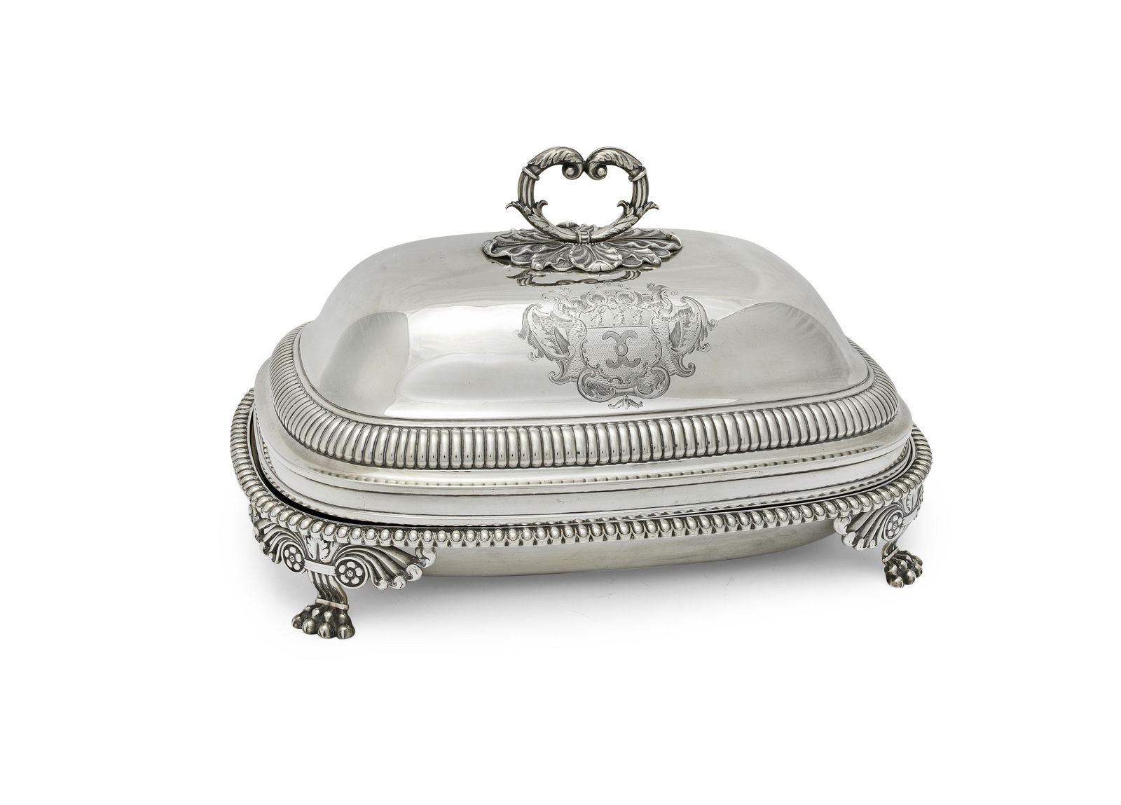 A George III silver entrée dish and cover Mark of Benjamin Smith II & James Smith III, Lond...: A George III silver entrée dish and cover Mark of Benjamin Smith II & James Smith III, London 1811 Of rounded oblong form, the high domed cover with handles formed as conjoined scrolled acanthus