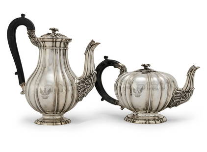 A French silver coffee pot and matching teapot Jean Baptiste Claude Odiot, Paris 1819-1838, stam...: A French silver coffee pot and matching teapot Jean Baptiste Claude Odiot, Paris 1819-1838, stamped Paris 1st standard plus Moyenne and Petite Guarantee mark, incuse stamped ODIOT Comprising a coffee