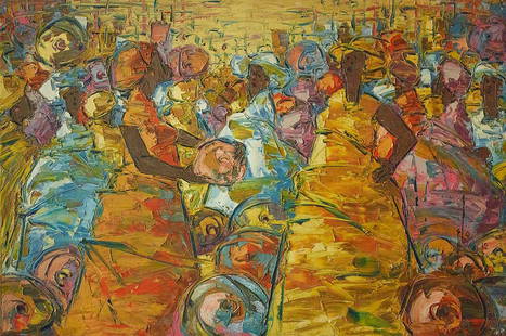 Ablade Glover (Ghanaian, born 1934) Pot Sellers (framed): Ablade Glover (Ghanaian, born 1934) Pot Sellers signed and dated 'Glo/ 12' (lower right); inscribed 'Market Profile pot sellers, Glo -86/012, 40x60' (verso) oil on canvas 102 x 152cm (40 3/16 x 59 13/