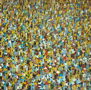 Ablade Glover (Ghanaian, born 1934) Crowd Scene (unframed): Ablade Glover (Ghanaian, born 1934) Crowd Scene signed and dated 'Glo/ 20' (lower right); inscribed 'HSE 02/20/ 48x48' (verso) oil on canvas 122 x 122cm (48 1/16 x 48 1/16in). (unframed) This lo