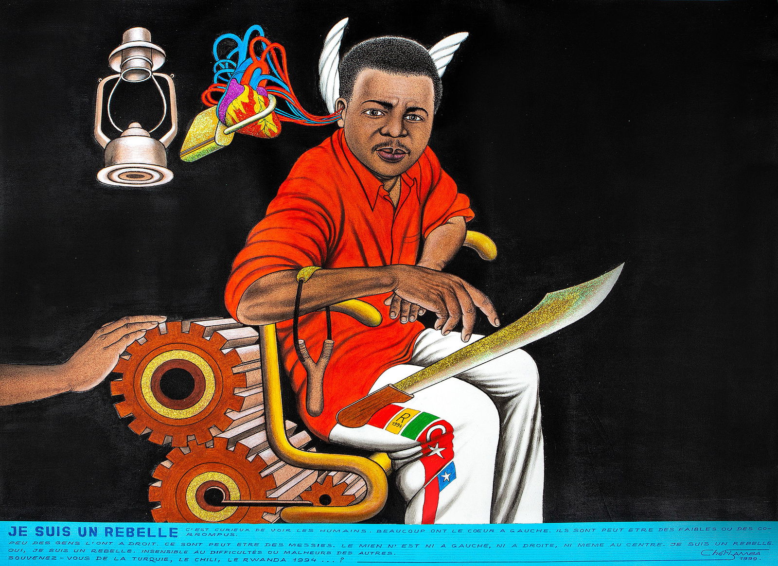 Chéri Samba (Congolese, born 1956) Je suis un Rebelle, 1999 ((unframed)): Chéri Samba (Congolese, born 1956) Je suis un Rebelle, 1999 signed and dated 'Chéri Samba/1999' (lower right) acrylic and glitter on canvas 114 x 145cm (44 7/8 x 57 1/16in). (unframed) <