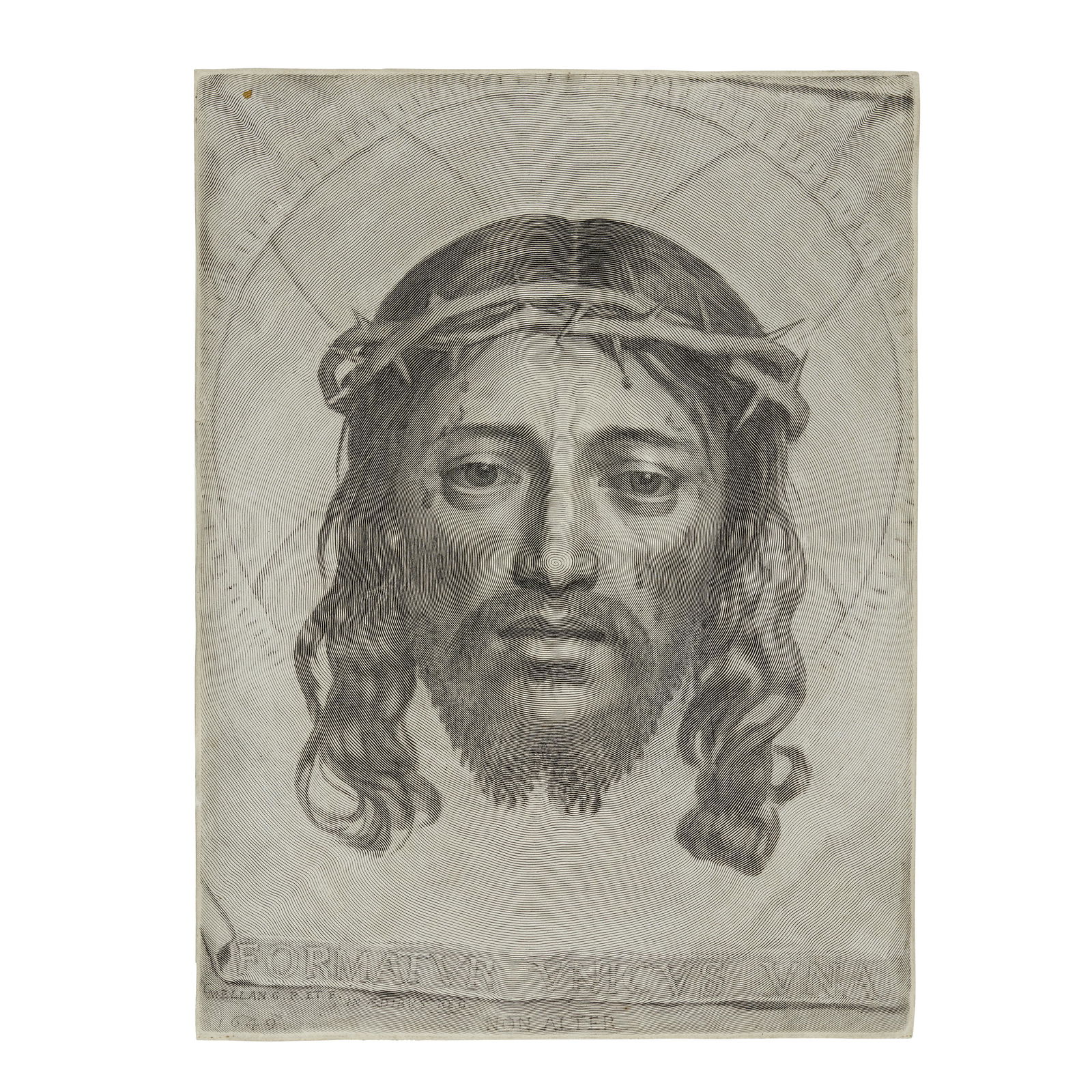 Claude Mellan (1598-1688); The Veil of Saint Veronica (The Holy Face);: Claude Mellan (1598-1688) The Veil of Saint Veronica (The Holy Face) (Le Blanc 33, Montaiglon 25, IFF 21), 1649 Engraving on laid paper with unidentified watermark, probably the second (final) state,