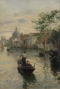 Rubens Santoro (Italian, 1859-1942) Evening on a Venetian canal: Rubens Santoro (Italian, 1859-1942) Evening on a Venetian canal signed 'Rubens Santoro' (lower right) oil on canvas 35.6 x 24.2cm (14 x 9 1/2in). Footnotes: Provenance Private co