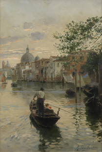 Rubens Santoro (Italian, 1859-1942) Evening on a Venetian canal: Rubens Santoro (Italian, 1859-1942) Evening on a Venetian canal signed 'Rubens Santoro' (lower right) oil on canvas 35.6 x 24.2cm (14 x 9 1/2in). Footnotes: Provenance Private co