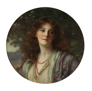 William Clarke Wontner (British, 1857-1930) Portrait of a young woman in Eastern costume: William Clarke Wontner (British, 1857-1930)Portrait of a young woman in Eastern costume signed 'W.Wontner' (lower left)oil on canvas, circular62.5 x 62.5cm (24 5/8 x 24