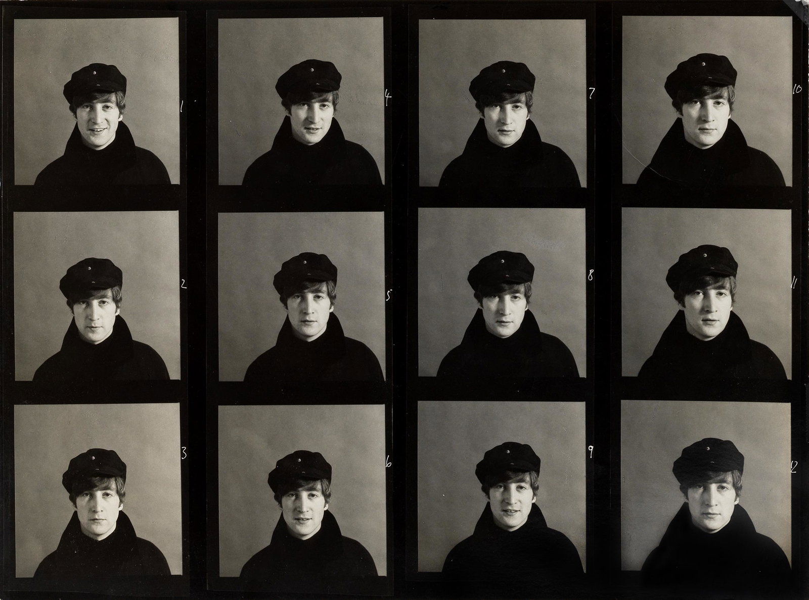 Robert Freeman (British, 1936-2019) John Lennon Contact Sheet, 1964: Robert Freeman (British, 1936-2019) John Lennon Contact Sheet, 1964 rare black and white contact print, each image showing John Lennon from an out-take for the cover photograph of his first book 'In H