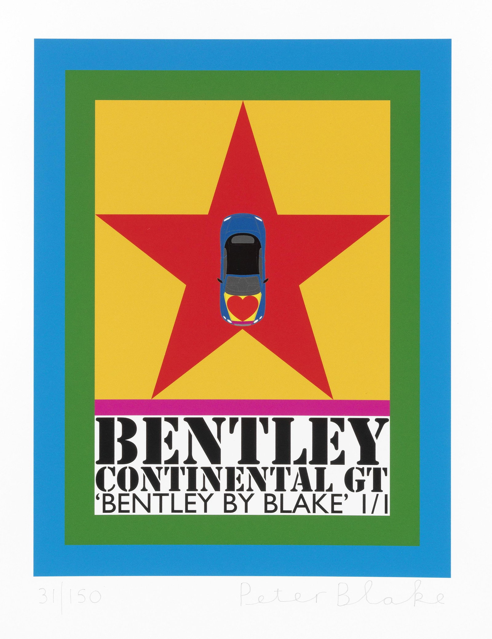 Sir Peter Blake R.A. (British, born 1932) I Love Bentley, 2016 (Co-published by Coriander Studio...: Sir Peter Blake R.A. (British, born 1932) I Love Bentley, 2016 signed and numbered 31/150 in pencil inkjet print in colours with screenprinted glazes 49.3 x 39.8cm (19 7/16 x 15 11/16in). Co-pub