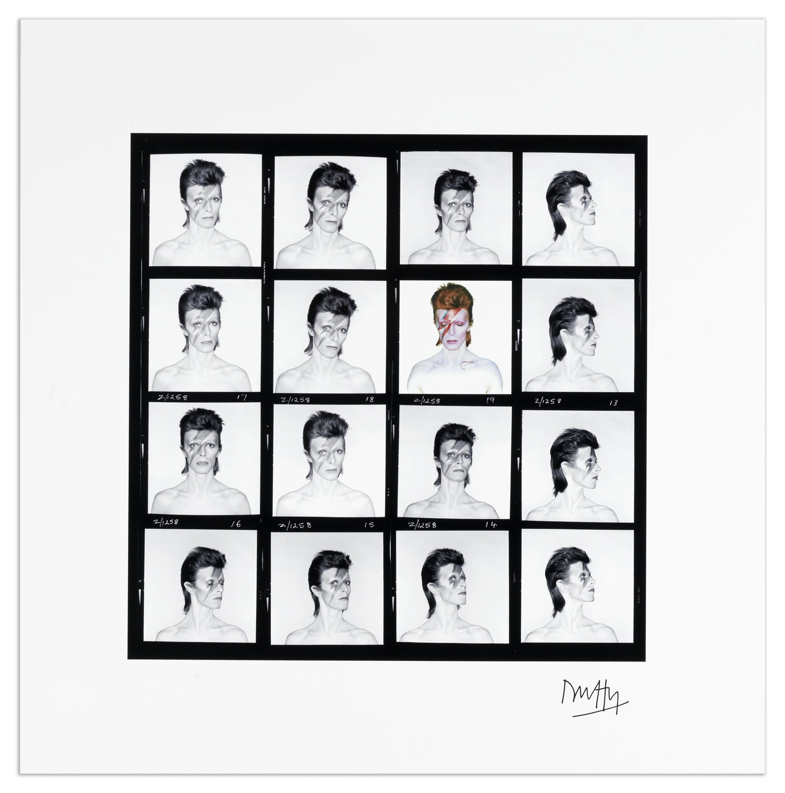 Brian Duffy (British, 1933-2010) David Bowie, 'Aladdin Sane: Contact Sheet', 1973, printed later: Brian Duffy (British, 1933-2010) David Bowie, 'Aladdin Sane: Contact Sheet', 1973, printed later No.36/75, archival pigment print, signed in black ink by the photographer to the lower margin, blindsta