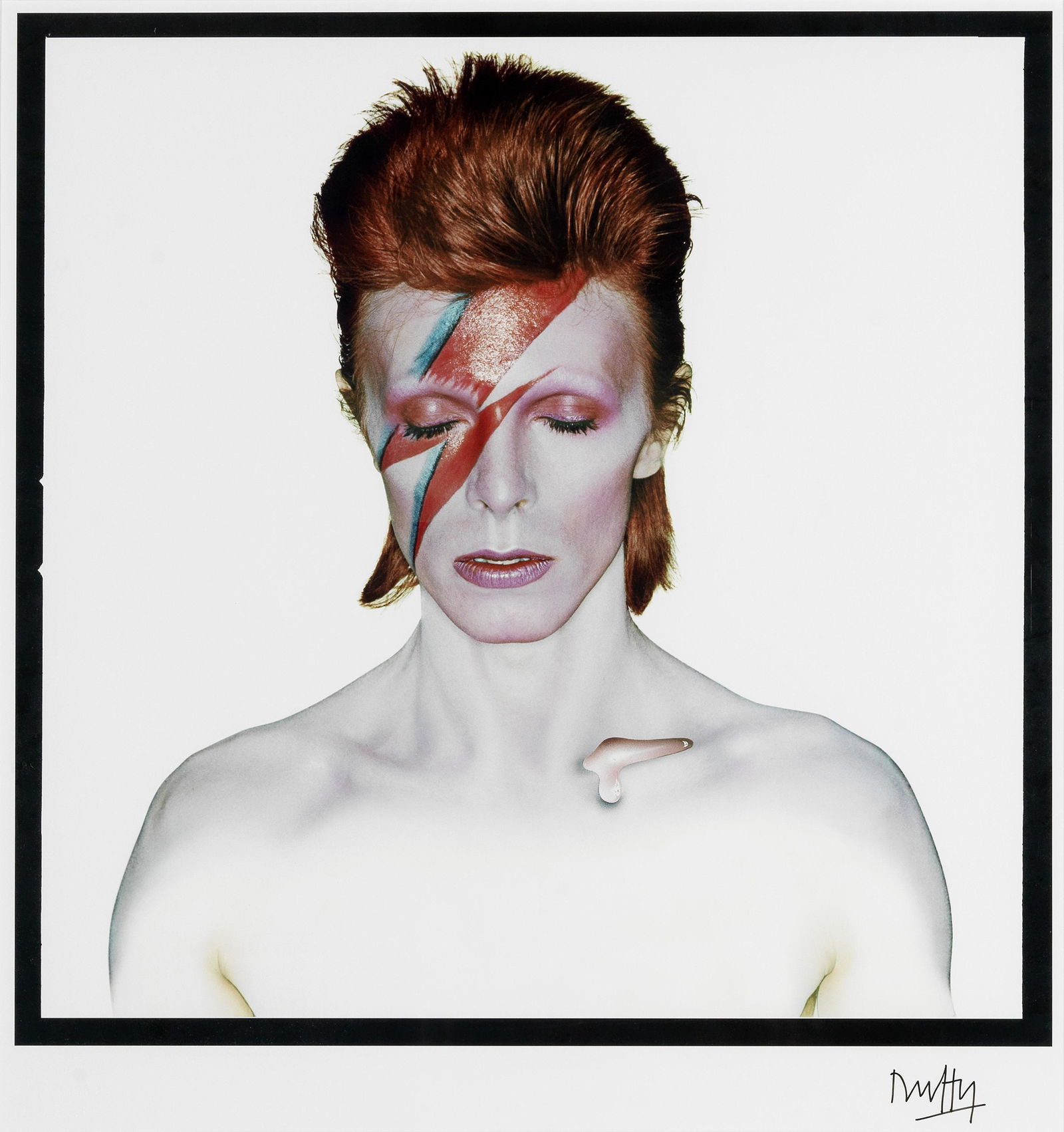 Brian Duffy (British, 1933-2010) David Bowie 'Aladdin Sane (Eyes Shut)', 1973, printed 2009: Brian Duffy (British, 1933-2010) David Bowie 'Aladdin Sane (Eyes Shut)', 1973, printed 2009 No.34 of 75, archival pigment print, signed in ink by the photographer to the lower mount, blindstamped in t