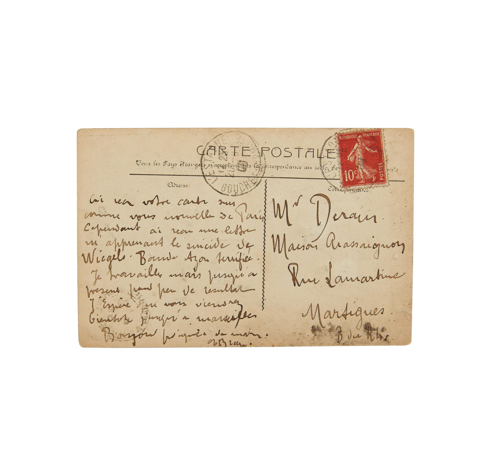 GEORGES BRAQUE (1882-1963) CARTE POSTALE AUTOGRAPHE SIGNÉE à André DERAIN. Marsei...: GEORGES BRAQUE (1882-1963) CARTE POSTALE AUTOGRAPHE SIGNÉE à André DERAIN. Marseille, 25 août 1908. Carte autographe au peintre André Derain, qui fut proche des surréalis
