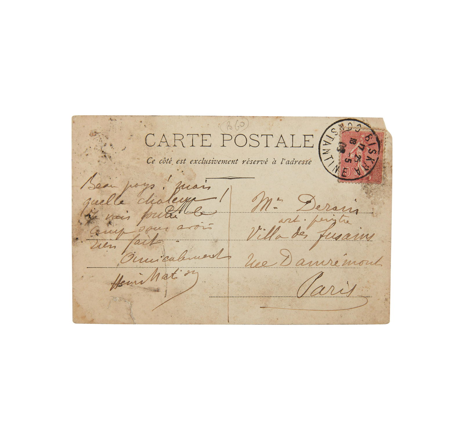 HENRI MATISSE (1869-1954) CARTE POSTALE AUTOGRAPHE SIGNÉE à André DERAIN – ...: HENRI MATISSE (1869-1954) CARTE POSTALE AUTOGRAPHE SIGNÉE à André DERAIN – Biskra Constantine [1906]. Carte autographe adressée par Matisse à Derain, peintre proche des