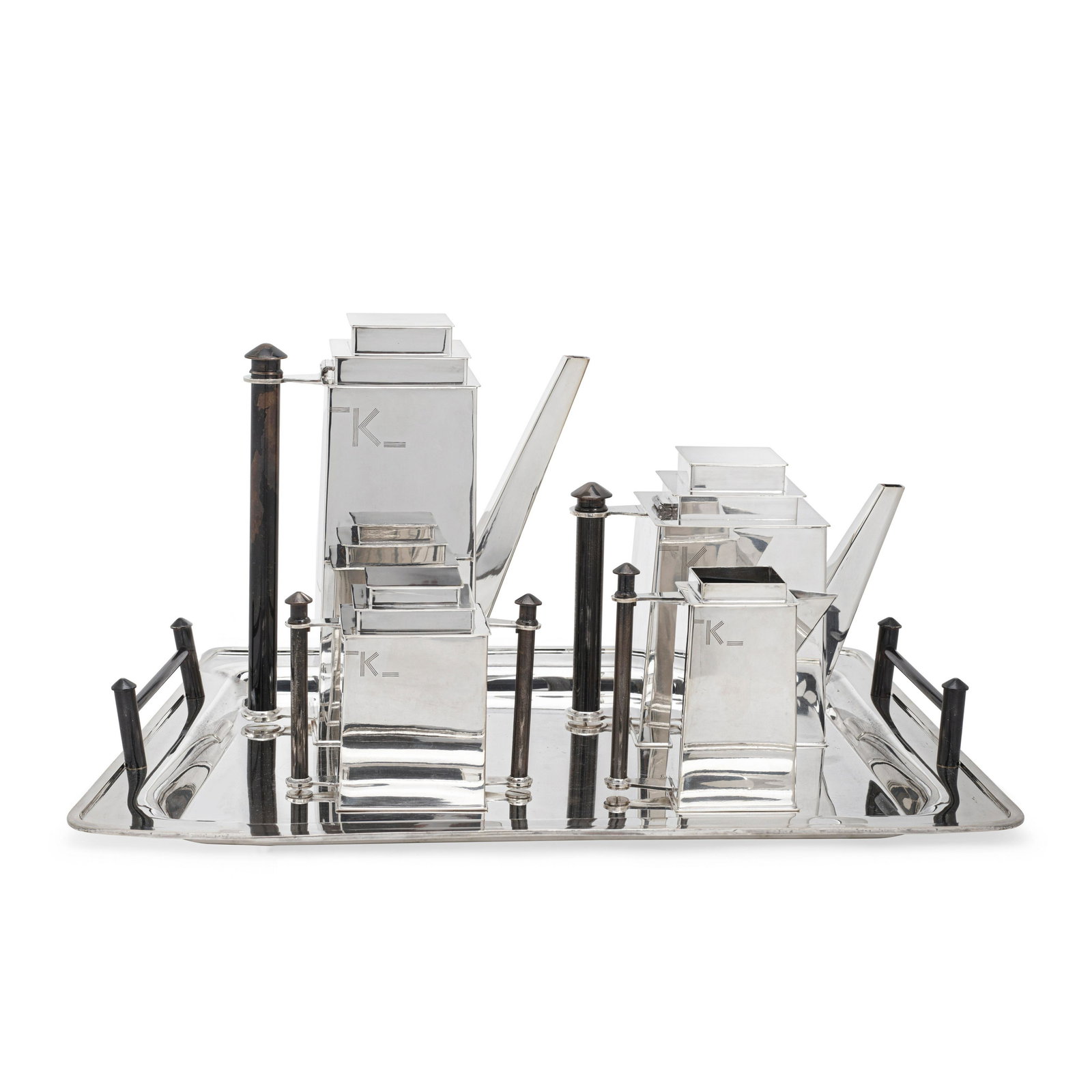 LOUIS W. RICE (1872-1933) Highly Rare Five Piece Skyscraper Tea and Coffee Servicecirca 1928manu...: LOUIS W. RICE (1872-1933) Highly Rare Five Piece Skyscraper Tea and Coffee Service circa 1928 manufactured by Bernard Rice's Sons, Inc., New York, from the Apollo Skyscraper line, comprising a coffee