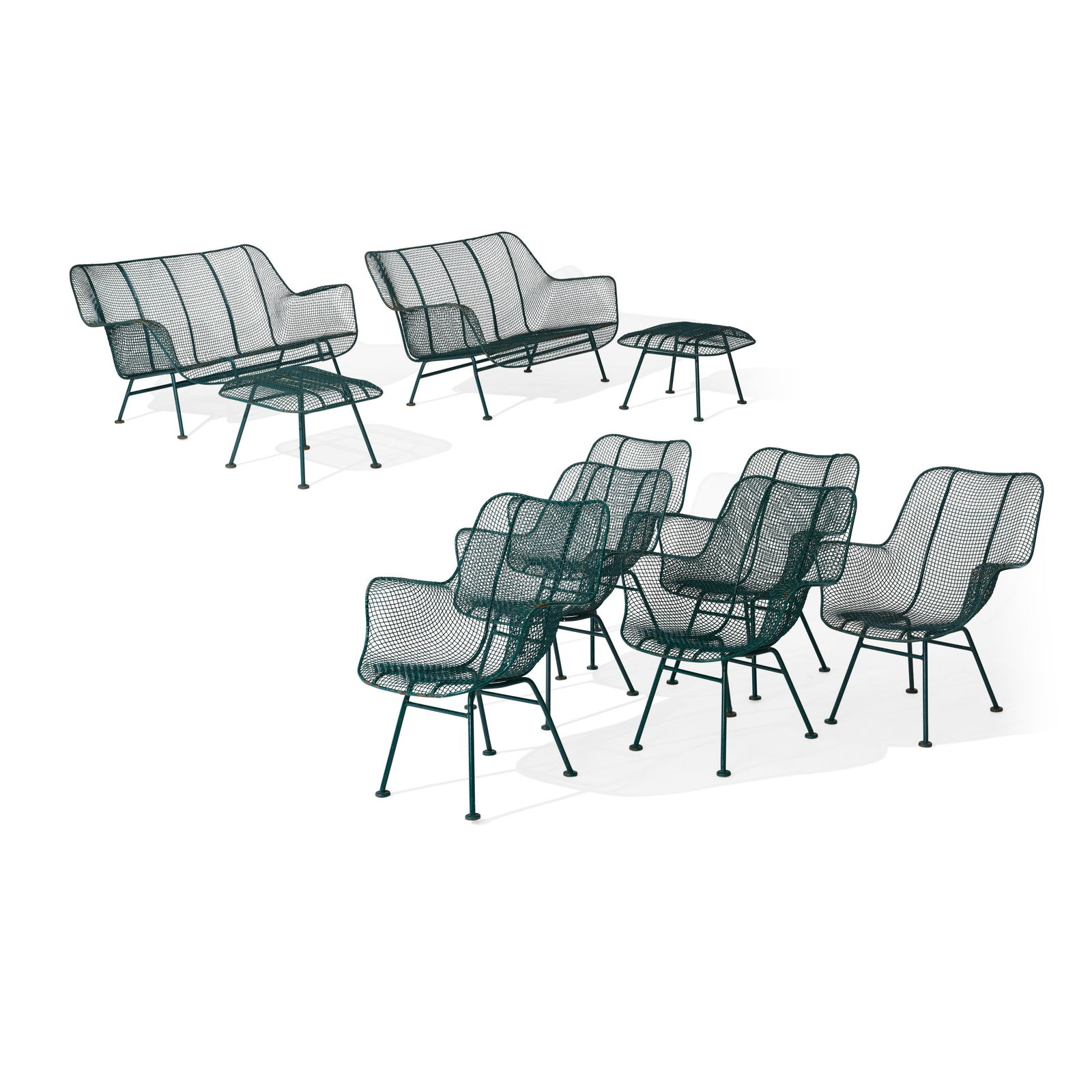RUSSELL WOODARD (ACTIVE MID-20TH) Extensive Sculptura Patio Suitecirca 1956comprising a set of s...: RUSSELL WOODARD (ACTIVE MID-20TH) Extensive Sculptura Patio Suite circa 1956 comprising a set of six lounge chairs, pair of stools and pair of settees, enameled wrought iron and wire mesh height of se