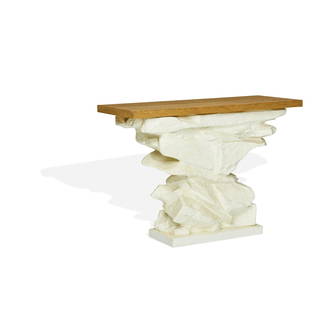 SIRMOS Stacked Rock Console Table1970sin the manner of Emilio Terry, plastered fiberglass, bleac...: SIRMOS Stacked Rock Console Table 1970s in the manner of Emilio Terry, plastered fiberglass, bleached oak top height 32 3/4in (83cm); width 48in (122cm); depth 19in (48.2cm) This lot is subject to the