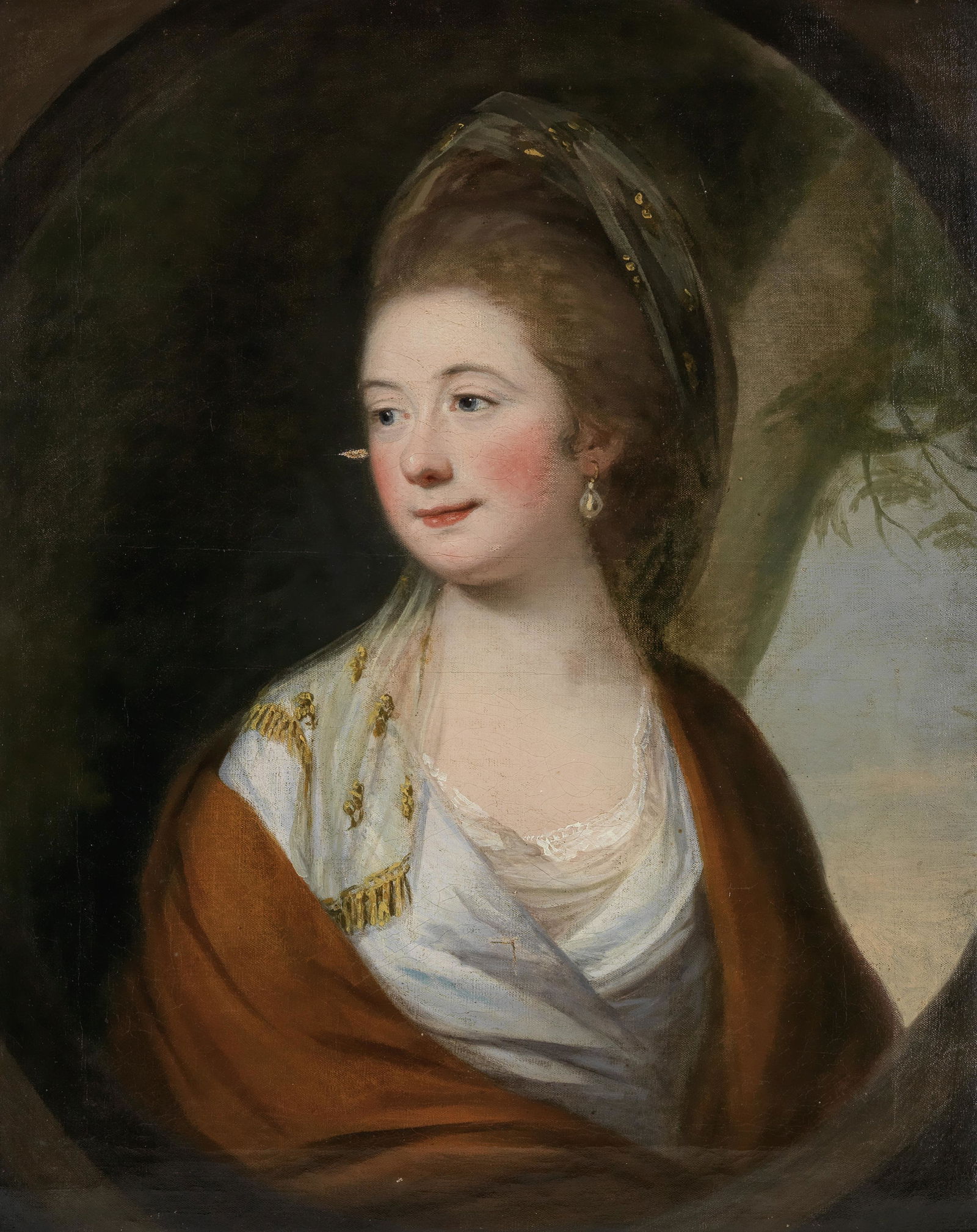 Attributed to Katherine Read (Forfarshire 1723-1778 ?) Portrait of Jean Beatson (née Read),...: Attributed to Katherine Read (Forfarshire 1723-1778 ?) Portrait of Jean Beatson (née Read), wife of Robert Beatson, half-length, in a white dress, seated before a landscape, within a painted oval