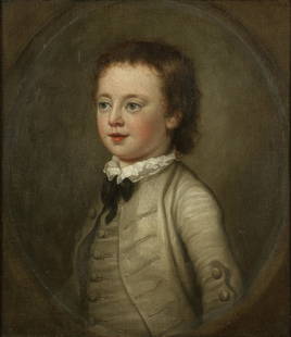 George Knapton (London 1698-1778) Portrait of a boy, half-length, in buff, within a painted oval: George Knapton (London 1698-1778) Portrait of a boy, half-length, in buff, within a painted oval indistinctly signed 'Knap**' (lower left) oil on canvas 54.6 x 47.5cm (21 1/2 x 18 11/16in).