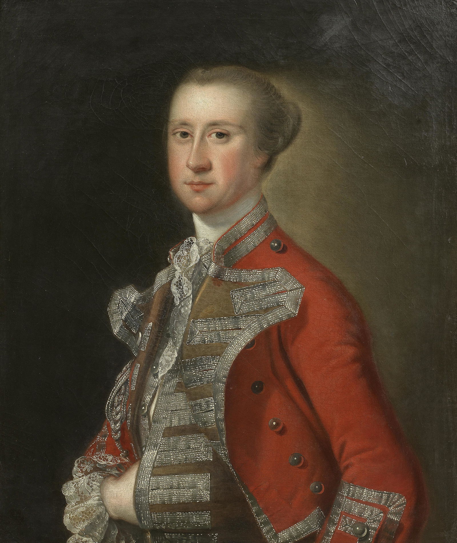 Circle of David Martin (Anstruther 1737-1797 Edinburgh) Portrait of an officer, half-length, in ...: Circle of David Martin (Anstruther 1737-1797 Edinburgh) Portrait of an officer, half-length, in a scarlet coat oil on canvas 76.4 x 63.9cm (30 1/16 x 25 3/16in).