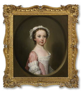 George Knapton (London 1698-1778) Portrait of a girl, half-length, in a pink and white dress, wi...: George Knapton (London 1698-1778)Portrait of a girl, half-length, in a pink and white dress, within a painted oval; and Portrait of a boy, half-length, in a buff coat, within a painted ovala pair,