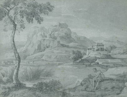 Circle of Marco Ricci (Belluno 1676-1729 Venice) An open landscape with figures seated near a tr...: Circle of Marco Ricci (Belluno 1676-1729 Venice) An open landscape with figures seated near a tree, buildings and a rocky outcrop beyond black and white chalk on blue-grey paper 38.1 x 50cm (15 x 19 1