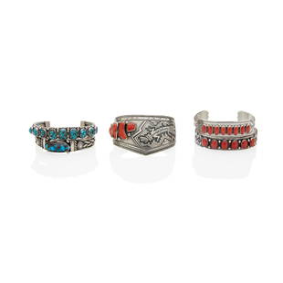 Five modern Din&#233; (Navajo) cuff bracelets: Five modern Din&#233; (Navajo) cuff bracelets Comprising three set with coral by Peter Nelson, Wallace Yazzie Jr., and Herman Smith; and two set with turquoise by Jeanette Dale and Andy Cadman; each w