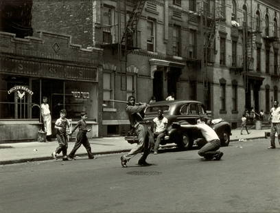 Arthur Leipzig (1918-2014); Stickball, New York City;: Arthur Leipzig (1918-2014) Stickball, New York City, 1950 Gelatin silver print, printed later; signed in pencil and the photographer's Sea Cliff, New York studio and reproduction stamps on the verso,