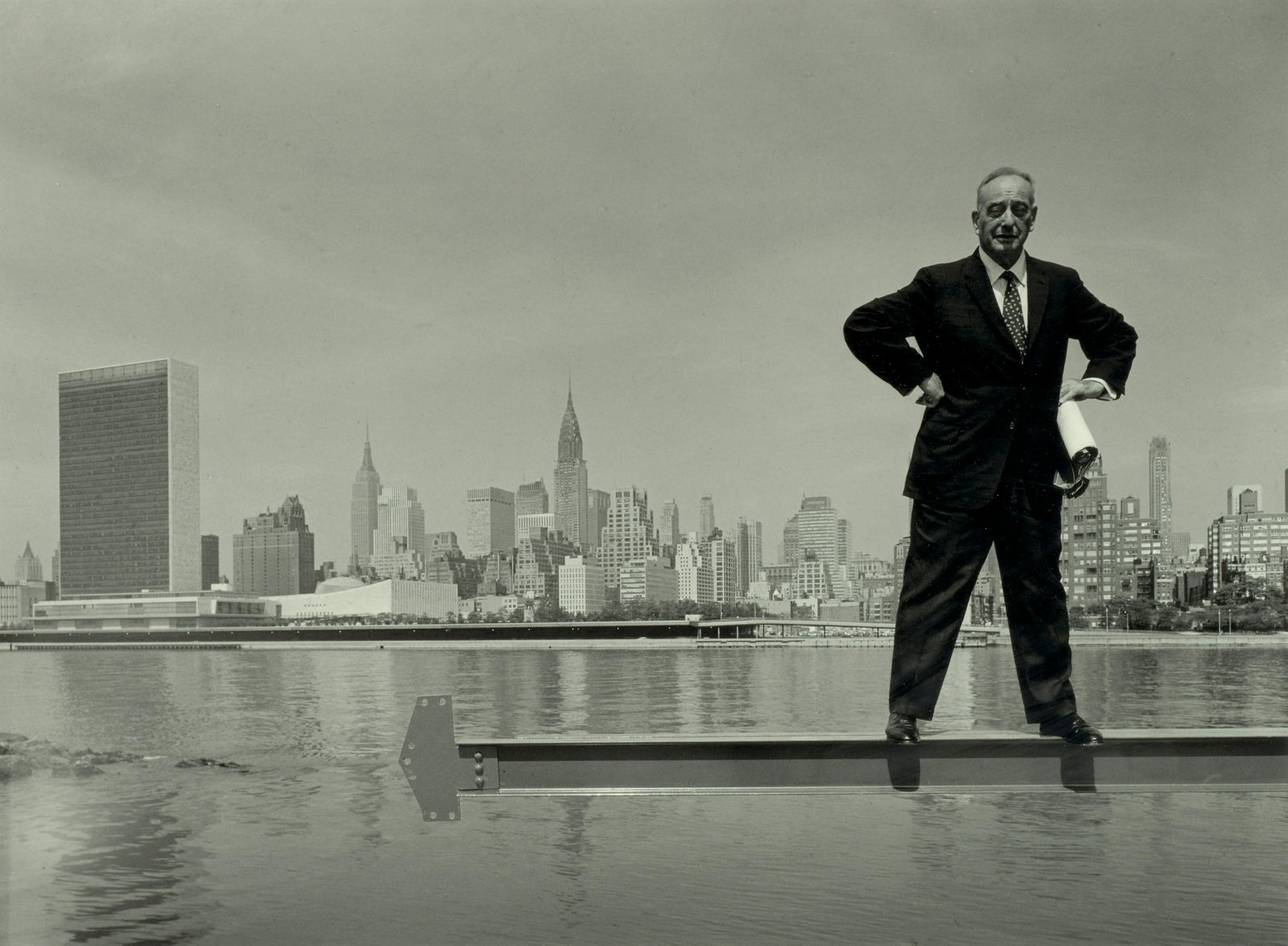 Arnold Newman (1918-2006); Robert Moses, New York City, from Roosevelt Island;: Arnold Newman (1918-2006) Robert Moses, New York City, from Roosevelt Island, 1959 Gelatin silver print, printed later; signed, titled and dated in pencil in the margin, a copyright credit reproductio