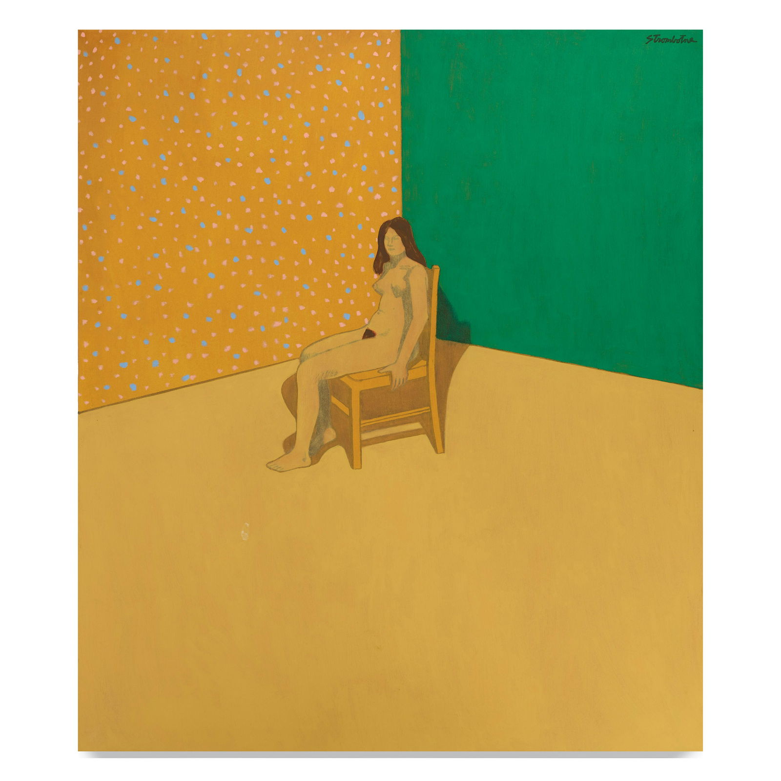 JAMES STROMBOTNE (B. 1934) Seated Woman in Corner, circa 1970: JAMES STROMBOTNE (B. 1934) Seated Woman in Corner, circa 1970 signed 'Strombotne' (upper right) oil on canvas 46 x 40 in. 116.8 x 101.6 cm. Footnotes: Provenance The Zora Gallery,