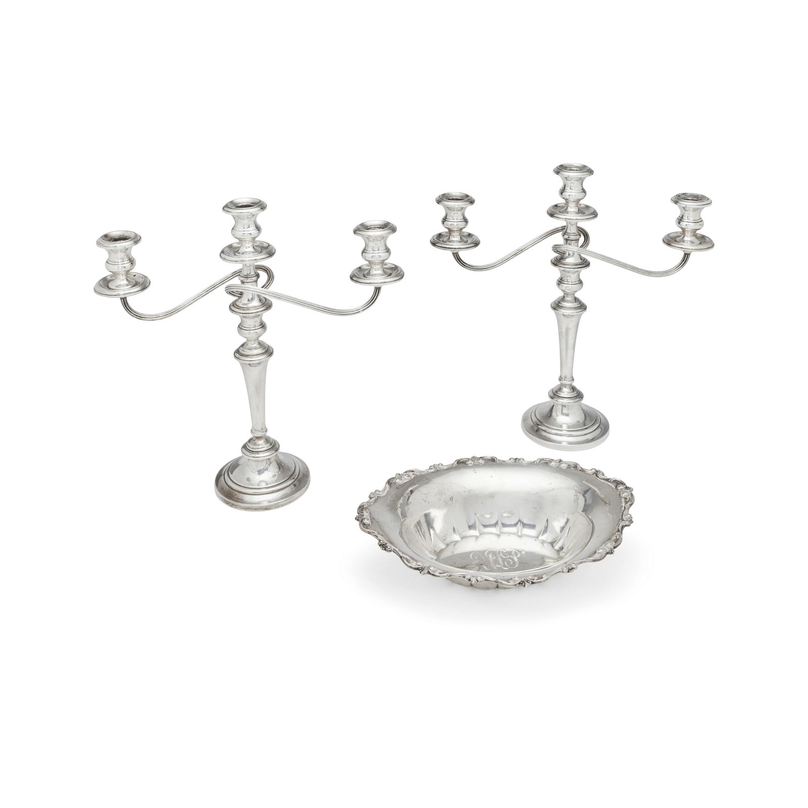 A PAIR OF AMERICAN STERLING SILVER WEIGHTED THREE-LIGHT CANDLESTICKS by Gorham, Providence, RI, ... (1 of 1)