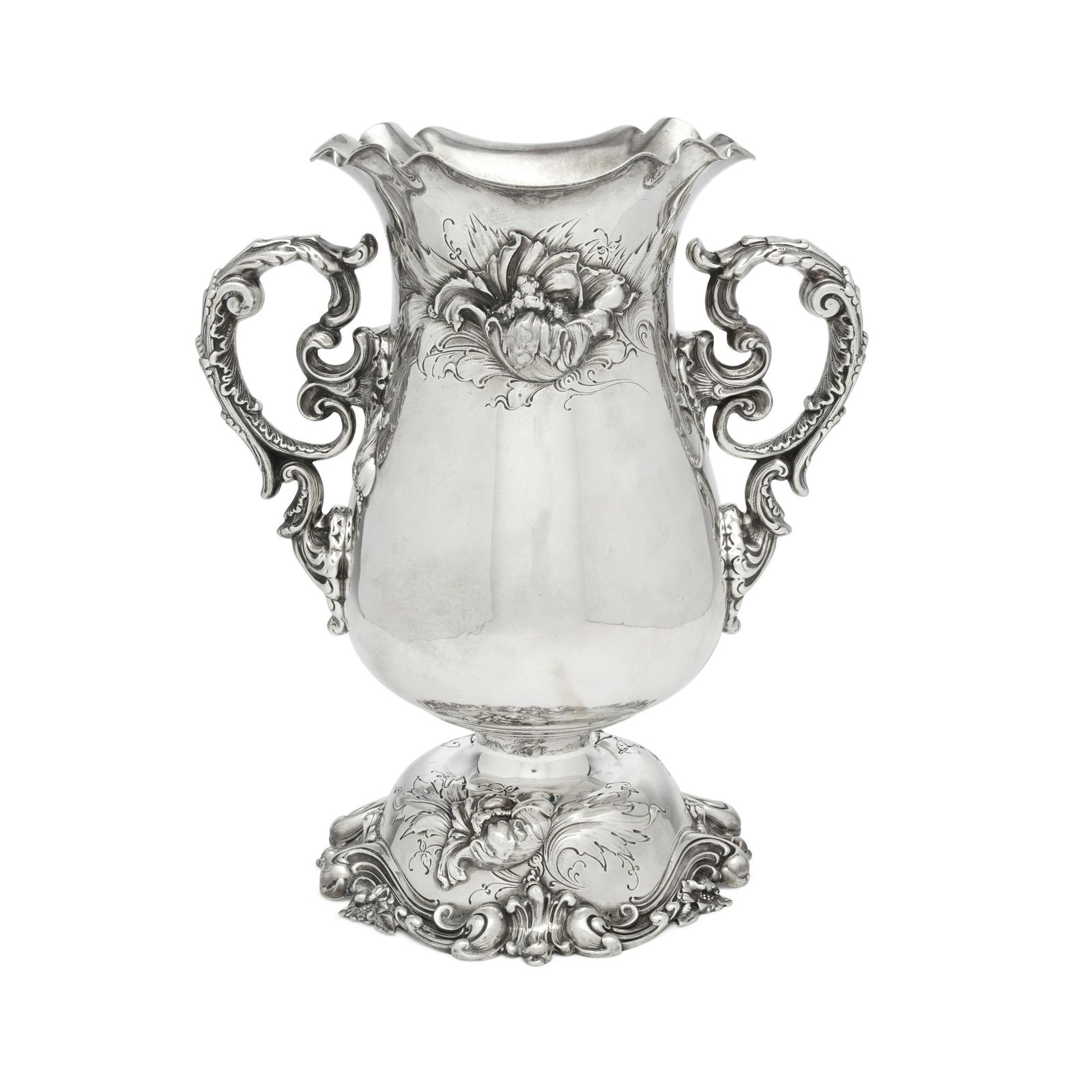 AN AMERICAN STERLING SILVER WINE COOLER by George W. Shiebler & Co., retailed by Mermod, Jaccard...: AN AMERICAN STERLING SILVER WINE COOLER by George W. Shiebler & Co., retailed by Mermod, Jaccard & Co., St. Louis, MO, late 19th/early 20th century With applied foliate decoration, pattern number 2085