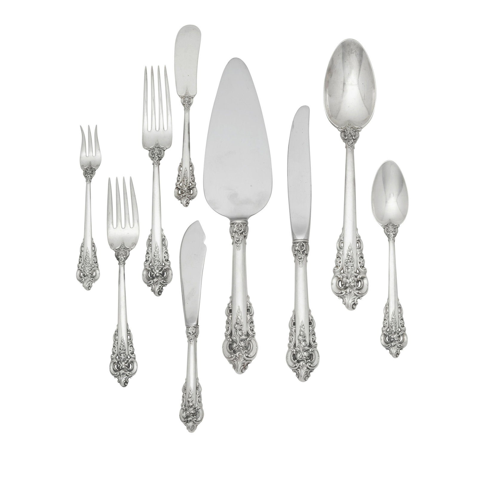 AN AMERICAN STERLING SILVER FLATWARE SERVICE by Wallace Silversmiths, Wallingford, CT STERLING S...: AN AMERICAN STERLING SILVER FLATWARE SERVICE by Wallace Silversmiths, Wallingford, CT STERLING SILVER FLATWARE SERVICE by Wallace Silversmiths, Wallingford, CT In the Grand Baroque pattern, comprisin