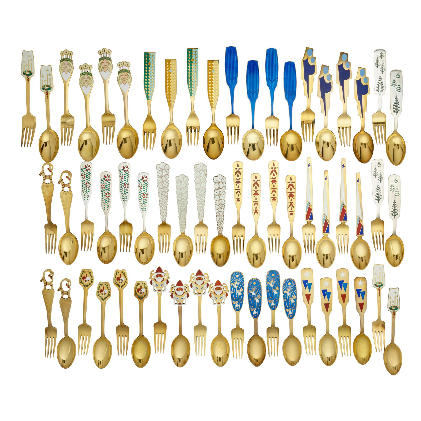 THIRTY DUTCH STERLING SILVER PARCEL GILT AND ENAMEL CHRISTMAS FORK AND SPOON SETS by Anton Miche... (1 of 1)