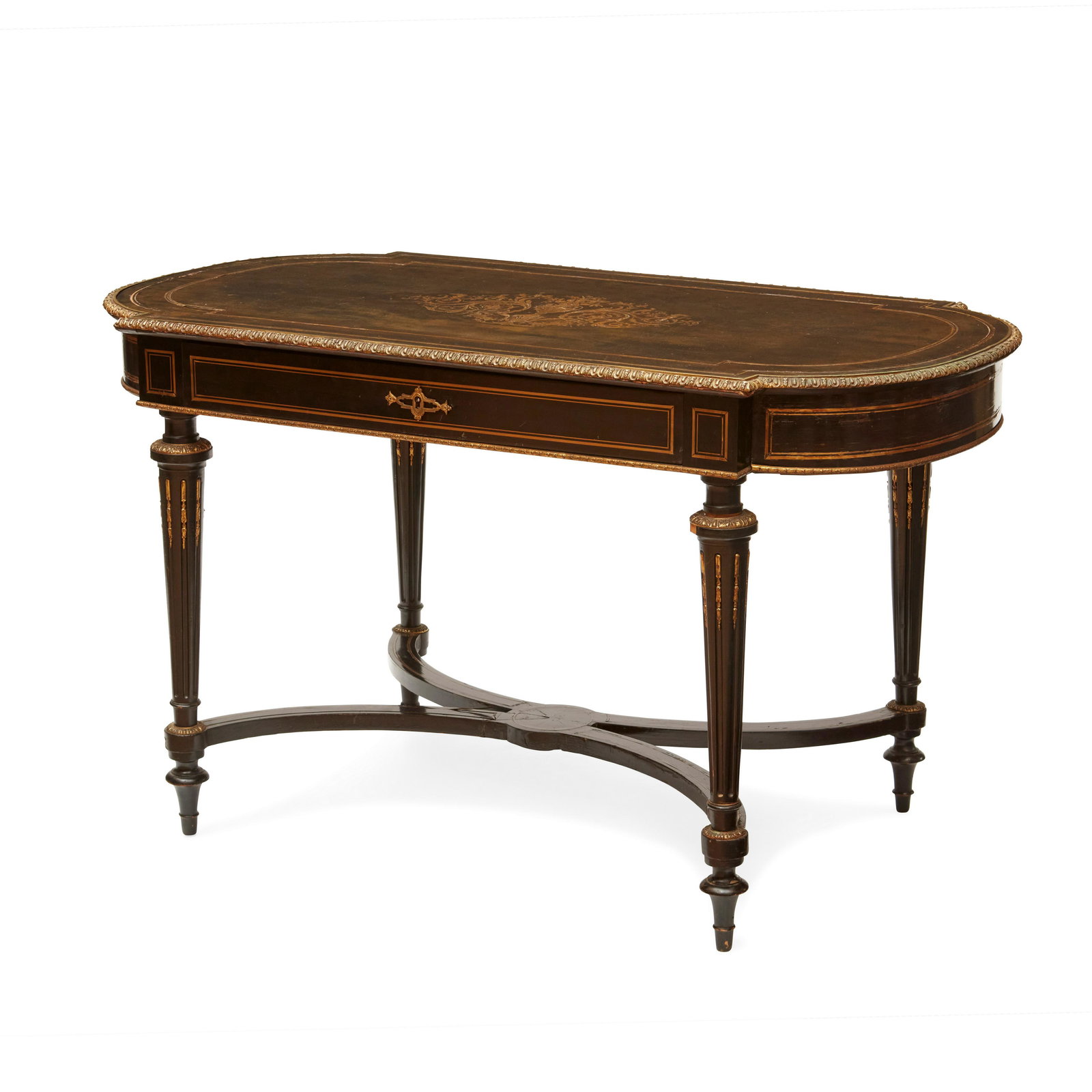 A NAPOLEON III BRASS MOUNTED AND CUT BRASS INLAID EBONIZED CENTER TABLE (1 of 1)