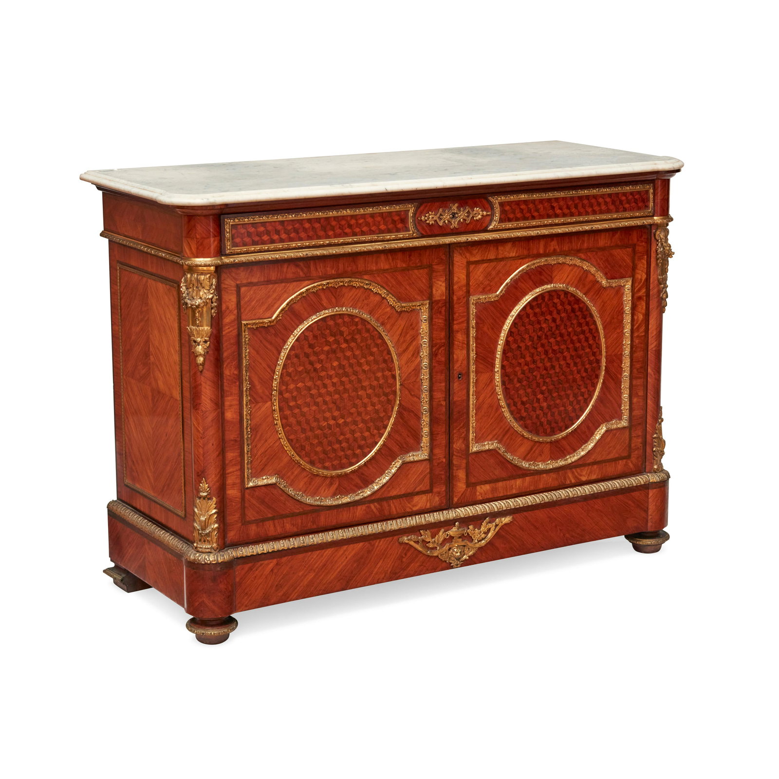 A LOUIS XVI STYLE MARBLE TOP GILT BRONZE MOUNTED PARQUETRY AND MAHOGANY CABINET (1 of 1)