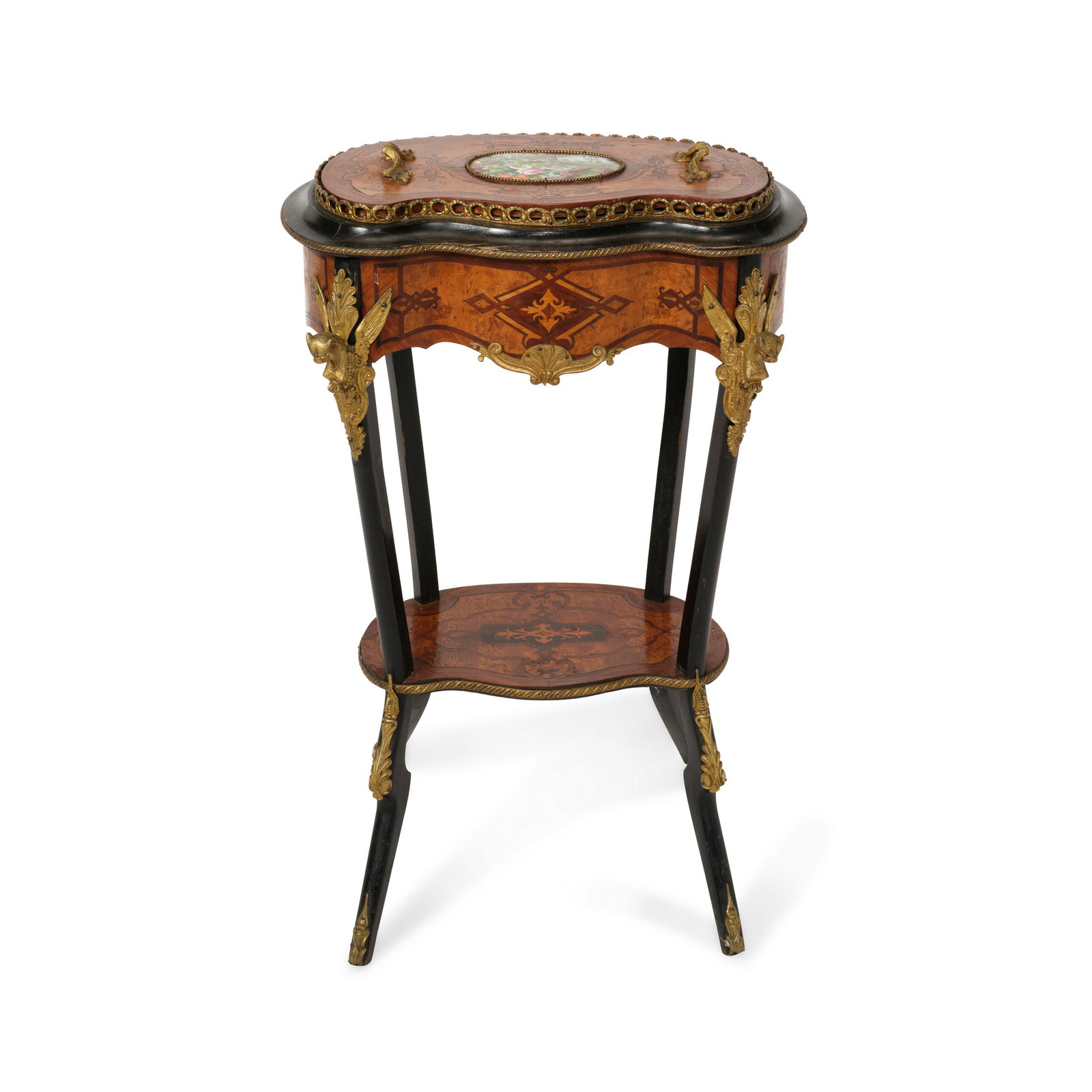 A NAPOLEON III STYLE GILT BRONZE AND PORCELAIN MOUNTED PARCEL EBONIZED, BURL WOOD AND FRUITWOOD ... (1 of 1)