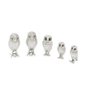 A novelty silver owl cruet set Richard Comyns, London 1967 together with and a pair of Dutch sil...: A novelty silver owl cruet set Richard Comyns, London 1967  Modelled as standing owls with glass eyes, comprising a salt, pepper and mustard pot with a spoon formed as mouse hanging from the owl's mou